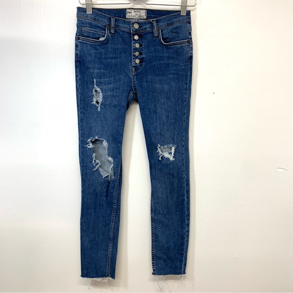 Free People Jeans Woman‎ 27 Button Fly   Distress Holes Skinny Ankle Raw Hem